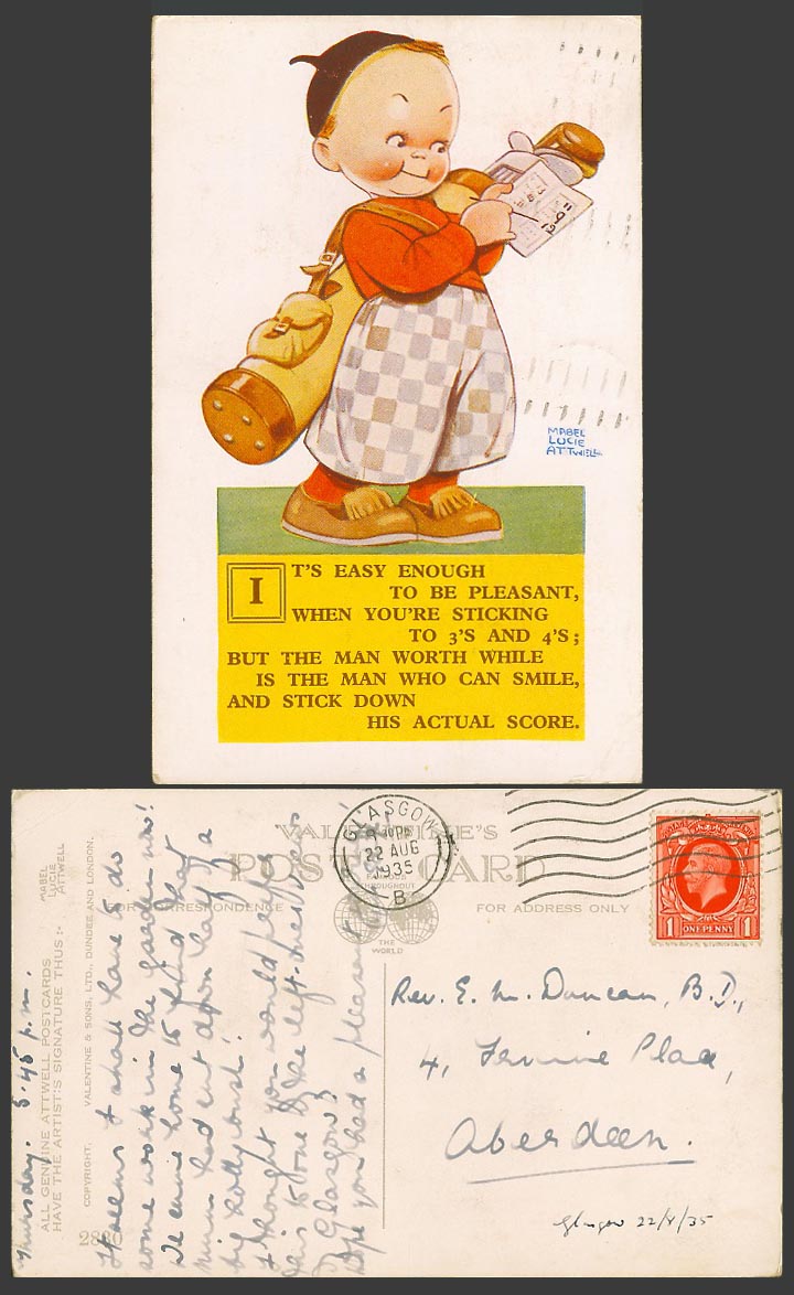 MABEL LUCIE ATTWELL 1935 Old Postcard Golfer - Stick Down His Actual Score 2830