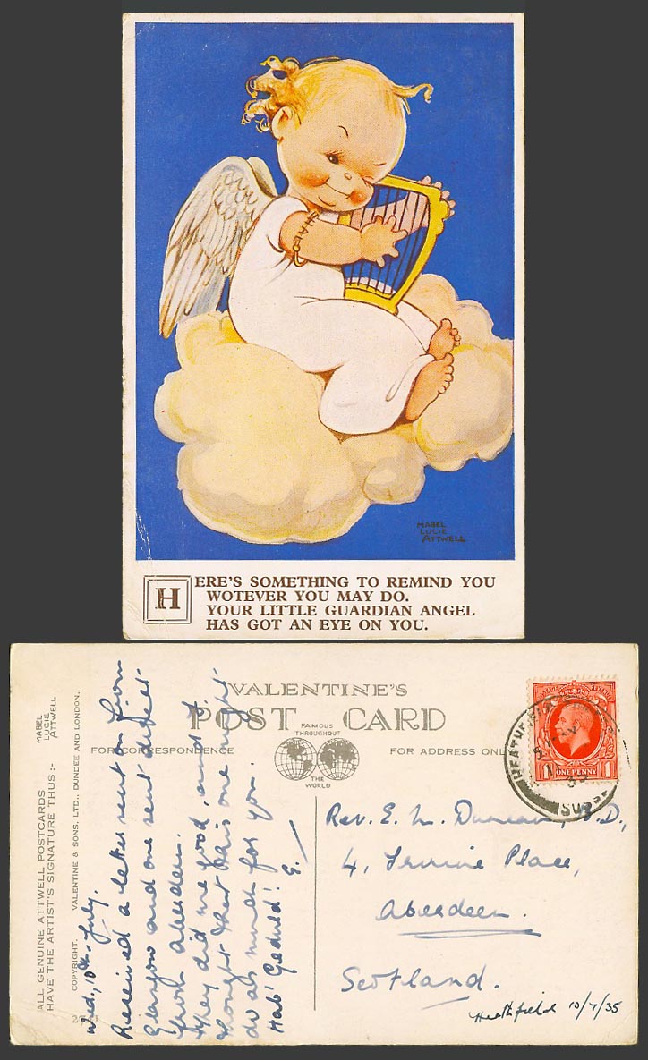 MABEL LUCIE ATTWELL 1935 Old Postcard Guardian Angel Got an Eye On You Harp 2741