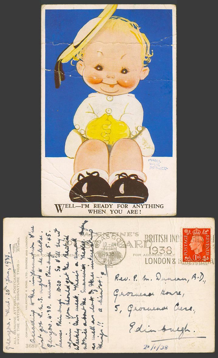 MABEL LUCIE ATTWELL 1938 Old Postcard I'm Ready For Anything When You Are! 3689