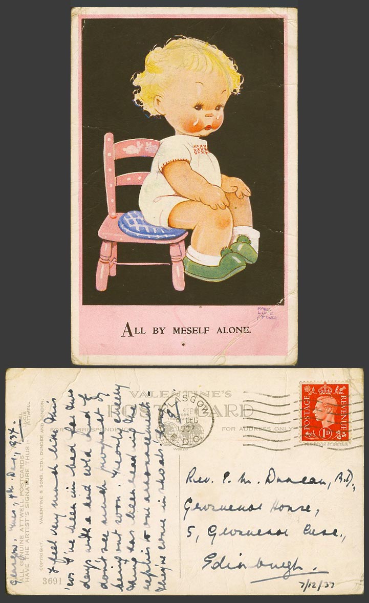MABEL LUCIE ATTWELL 1937 Old Postcard All By Myself Meself Alone with Tears 3691