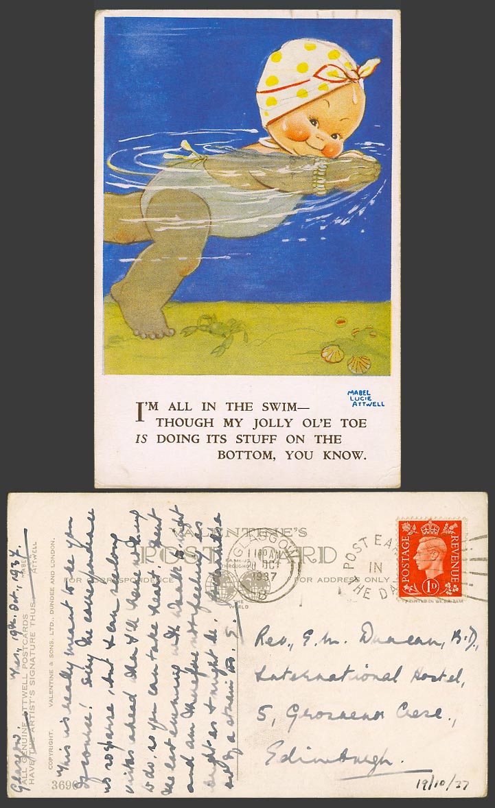 MABEL LUCIE ATTWELL 1937 Old Postcard In The Swim Toe Doing Stuff on Bottom 3690