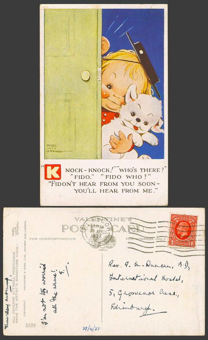 MABEL LUCIE ATTWELL 1937 Old Postcard Knock Who's There Fido U Hear From Me 3529