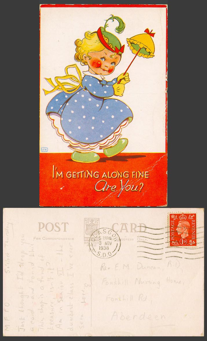 Violet Harford VH 1938 Old Postcard Little Girl, I'm Getting Alone Fine Are You?