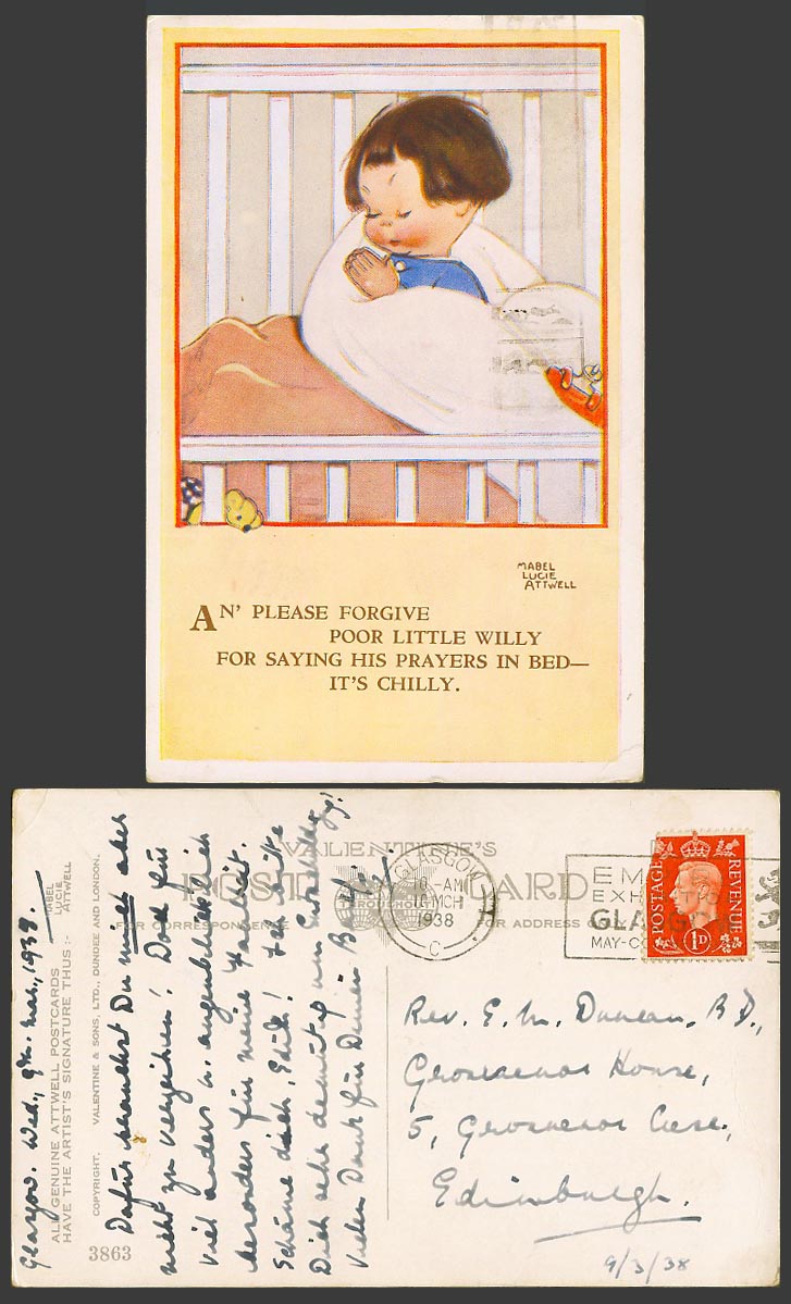 MABEL LUCIE ATTWELL 1938 Old Postcard Forgive Poor Willy Say Prayers In Bed 3863