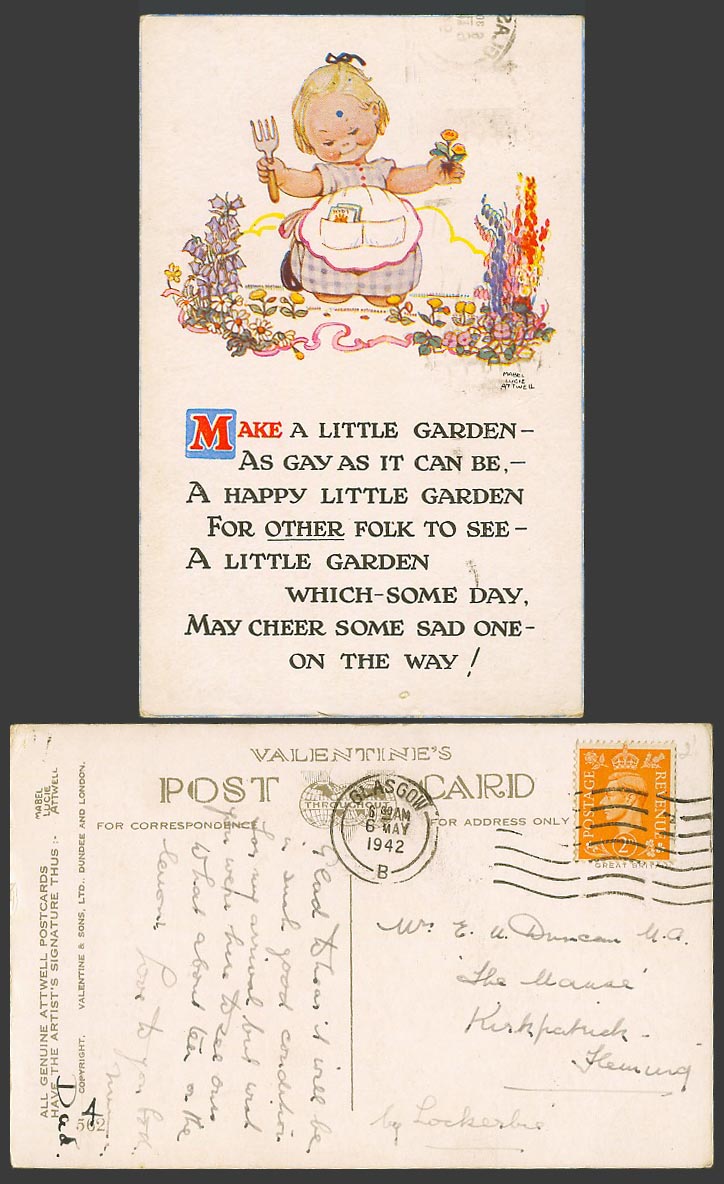 MABEL LUCIE ATTWELL 1942 Old Postcard Make Happy Garden As Gay As It Can Be 562