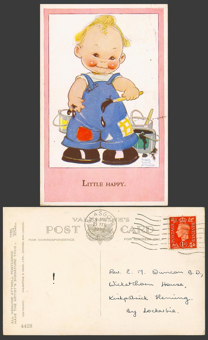 MABEL LUCIE ATTWELL 1939 Old Postcard Little Happy Painter, Paints, Buckets 4428