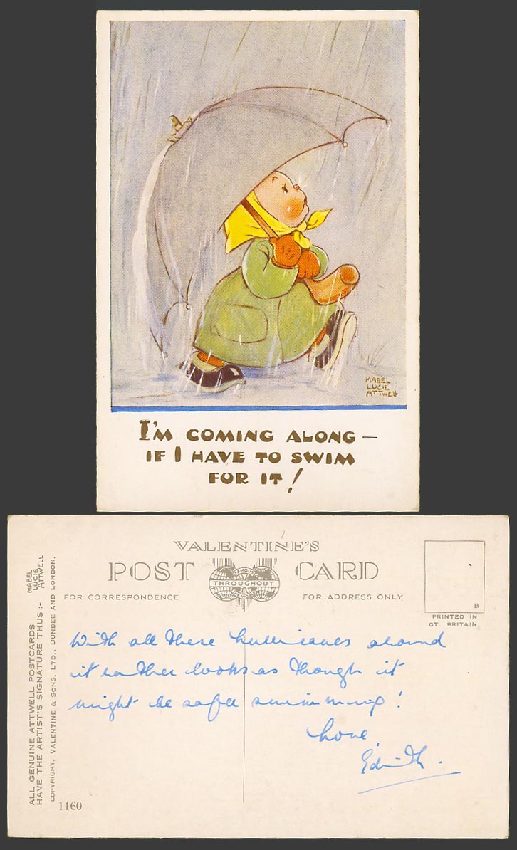 MABEL LUCIE ATTWELL Old Postcard I'm Coming Along if I Have to Swim for it! 1160