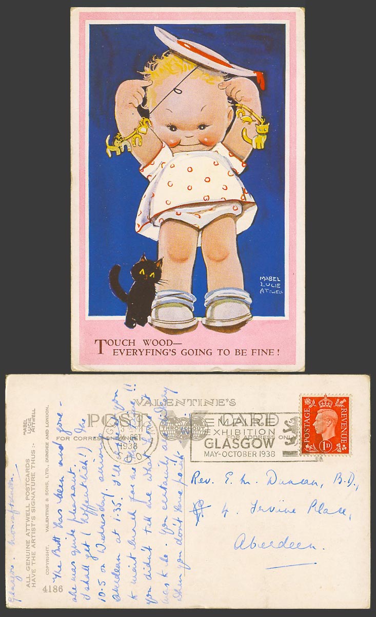 MABEL LUCIE ATTWELL 1938 Old Postcard Black Cat Kitten Touch Wood - Be Fine 4186