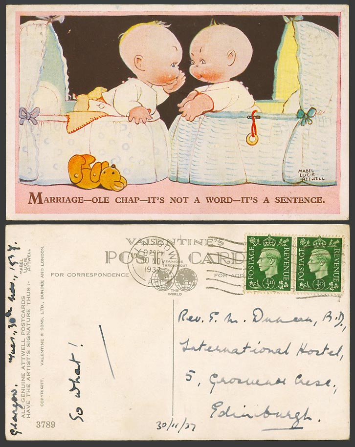 MABEL LUCIE ATTWELL 1937 Old Postcard Teddy Bear Twins Twin Babies Marriage 3789