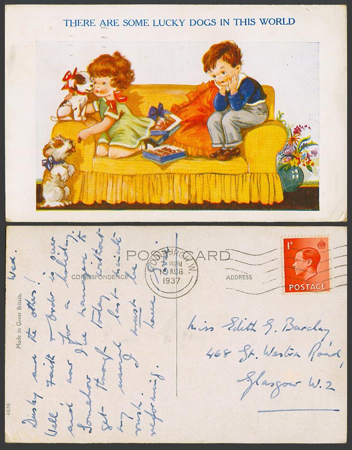 Puppies Girl Boy Sofa Couch There are Some Lucky Dogs in This World Old Postcard