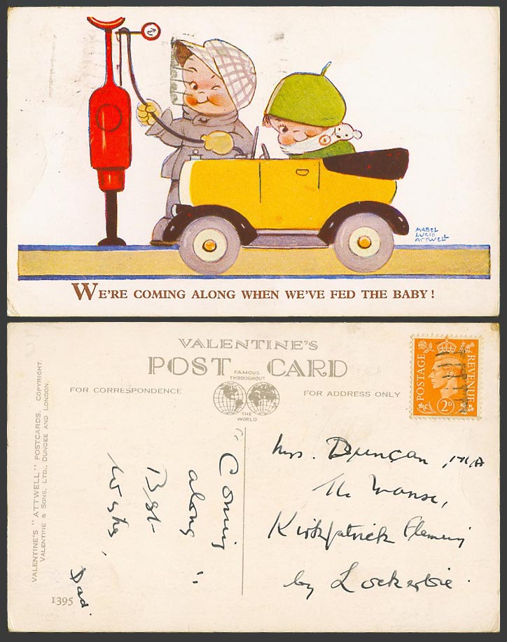 MABEL LUCIE ATTWELL Old Postcard Car Petrol Fuel Coming When We've Fed Baby 1395