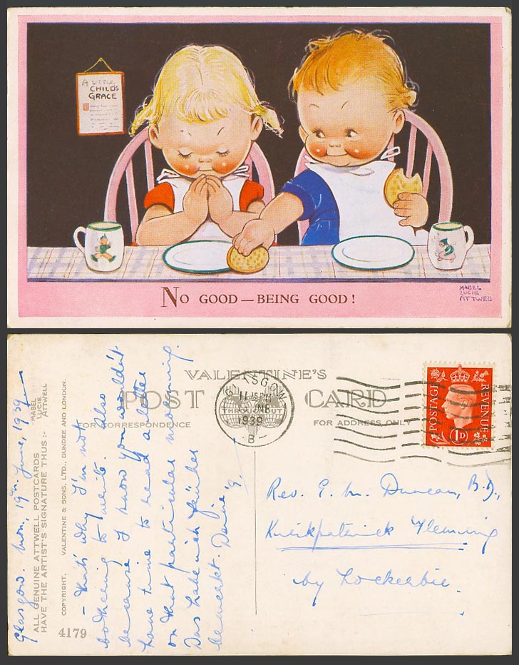 MABEL LUCIE ATTWELL 1939 Old Postcard No Good Being Good! Prayer Boy Steals 4179