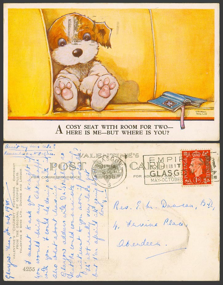 George Willis Artist Signed 1938 Old Postcard Dog, A Cosy Seat with room for Two