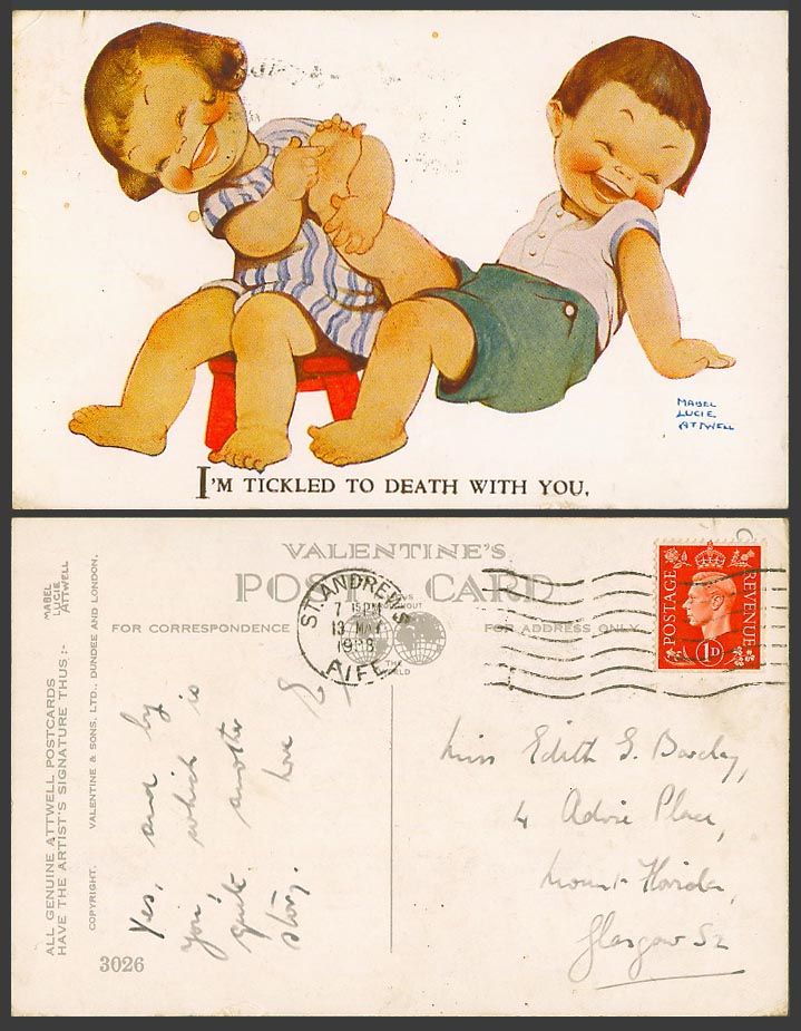 MABEL LUCIE ATTWELL 1938 Old Postcard I'm Tickled To Death with You - Foot 3026