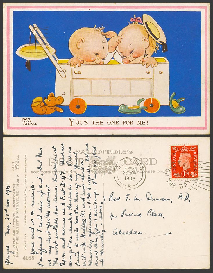 MABEL LUCIE ATTWELL 1938 Old Postcard You's The One For Me! Teddy Bear Cart 4185