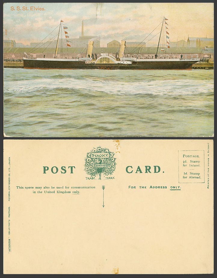 S.S. St. Elvies, Paddle Steamer Steam Ship Shipping, Peacock Old Colour Postcard