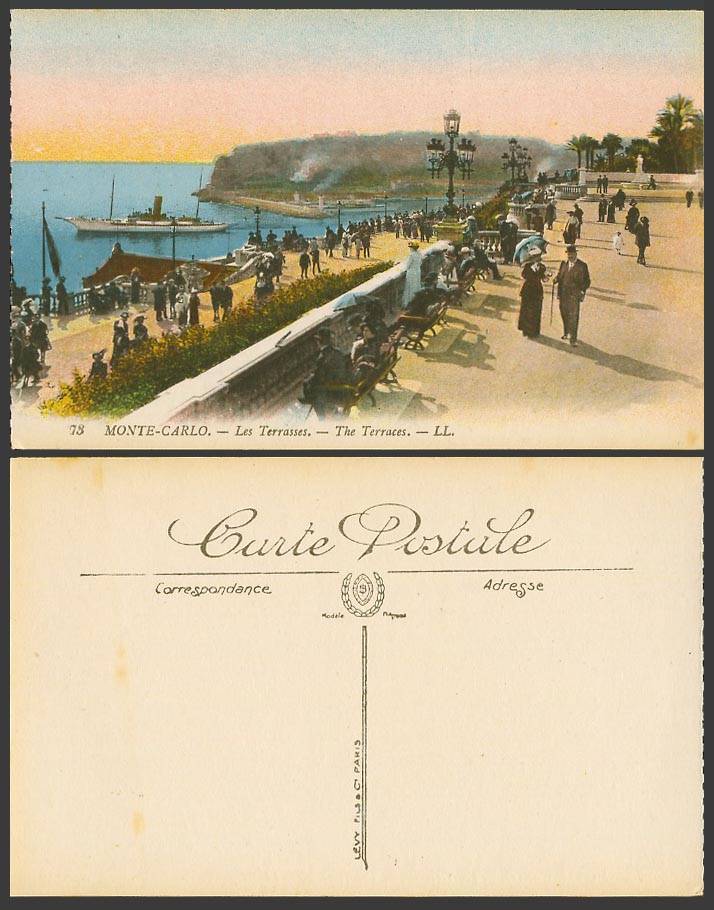 Monaco Monte Carlo, Terrace, La Terrasse Steamer Steam Ship Old Postcard L.L. 73