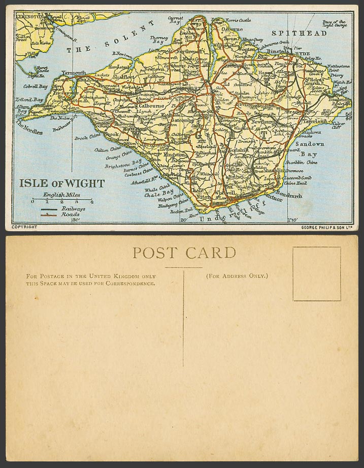 Isle of Wight MAP, Spithead The Needles Osborne Newport Sandown Bay Old Postcard