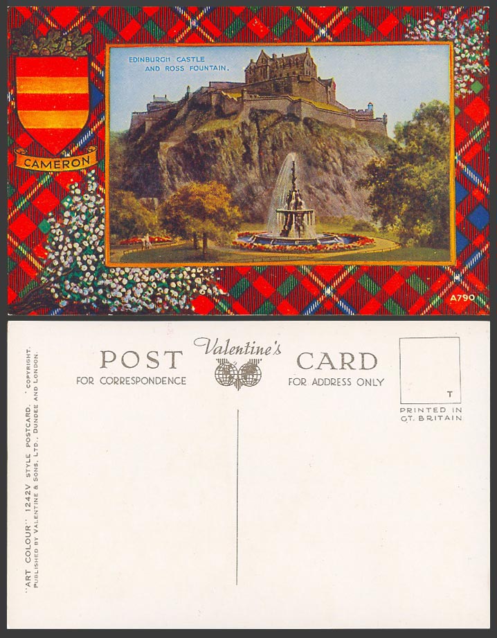 Edinburgh Castle Ross Fountain Heather Flowers Cameron Coat of Arms Old Postcard