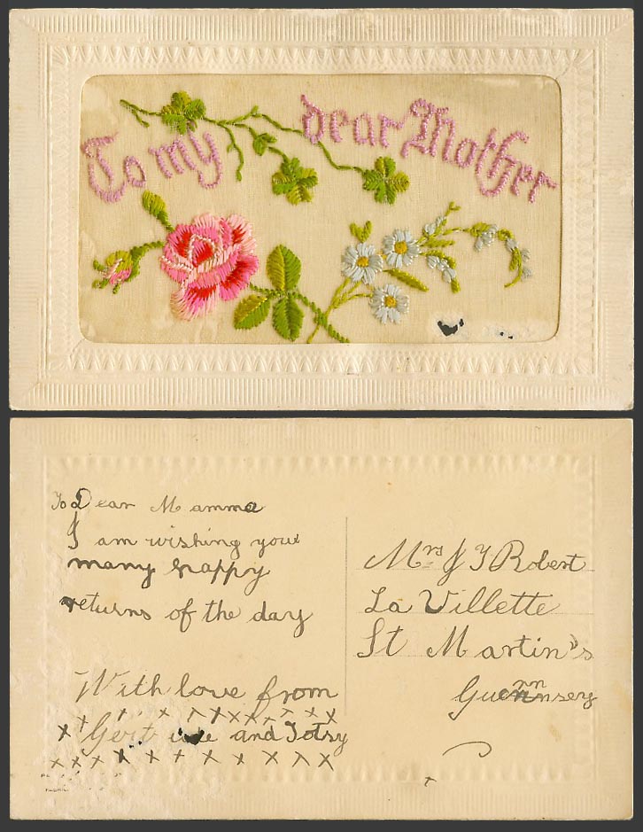 WW1 SILK Embroidered Old Postcard To My Dear Mother, Pink & Blue Flowers Novelty