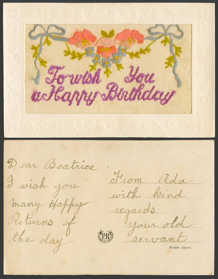 WW1 SILK Embroidered Old Postcard To Wish You a Happy Birthday, Flowers, Novelty