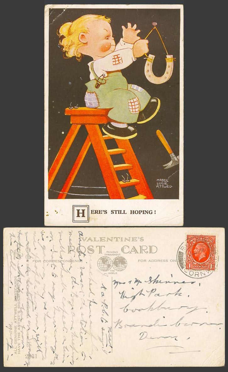 MABEL LUCIE ATTWELL 1936 Old Postcard Here's Still Hoping! Ladder Horseshoe 2831