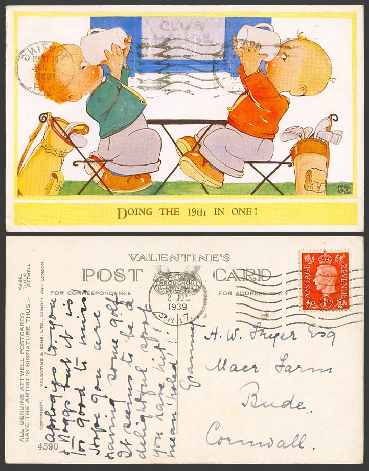 MABEL LUCIE ATTWELL 1939 Old Postcard Golf Club House Doing The 19th in One 4590