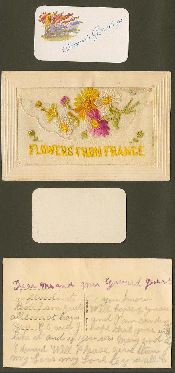 WW1 SILK Embroidered Old Postcard Flowers from France, Season's Greetings Wallet