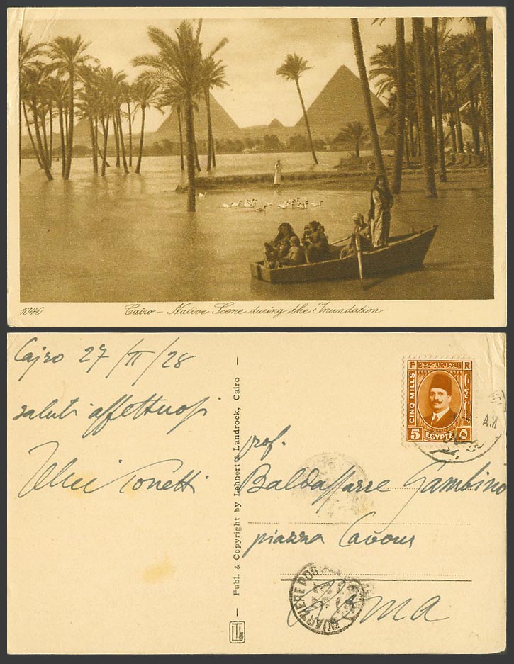 Egypt 1928 Old Postcard Cairo Inundation Flooded Nile River Pyramids Boat Birds