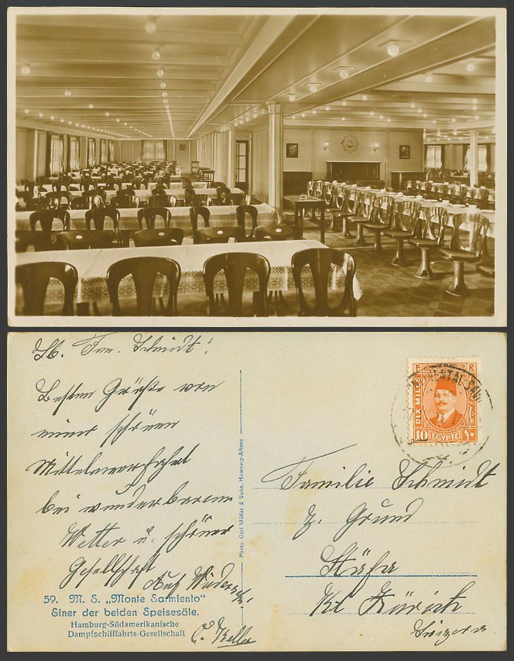 MS Monte Sarmiento Dining Room Hamburg-South American Steamship Co. Old Postcard