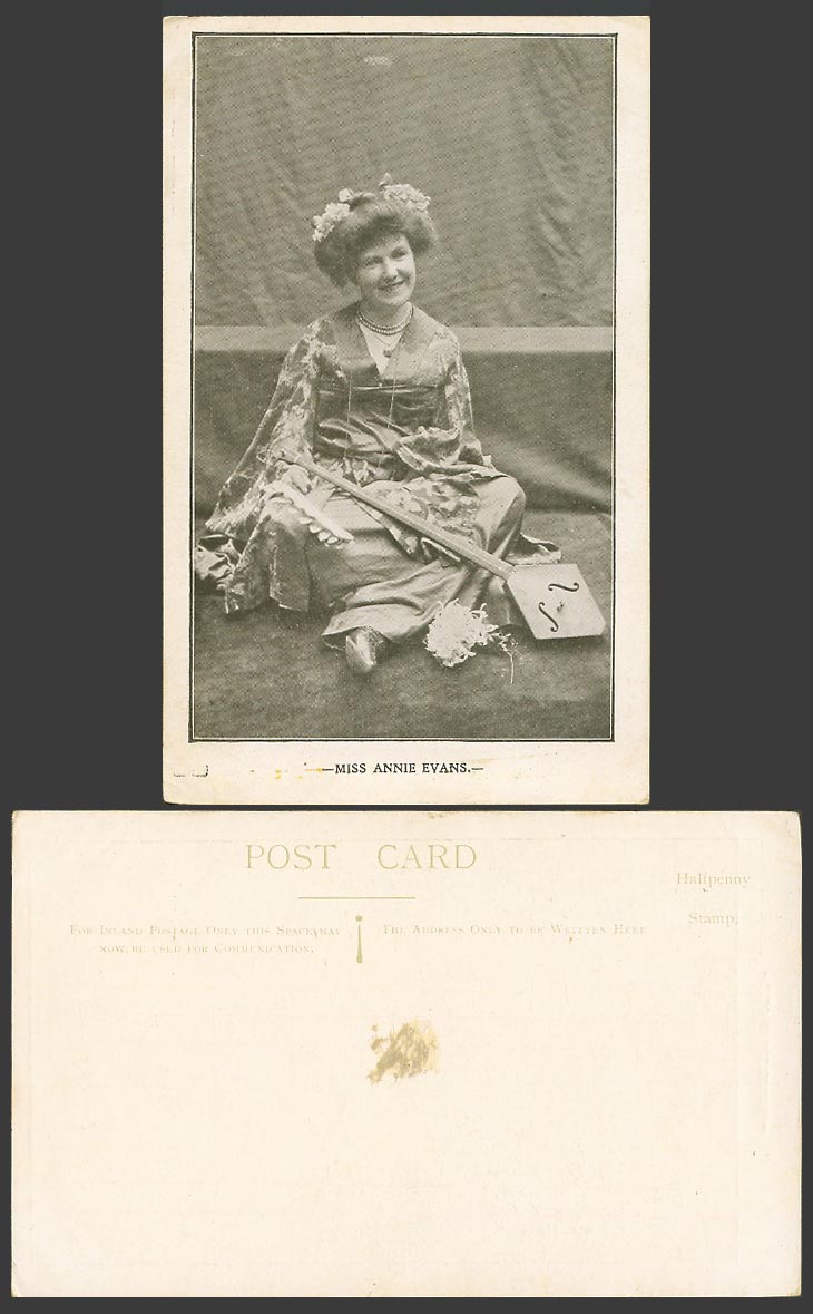 Actress Miss Annie Evans, String Musical Instrument, Stage Costumes Old Postcard