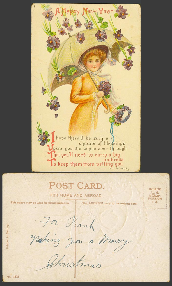 A Happy New Year Glamour Lady Woman Umbrella Flowers Old Embossed Postcard 1575