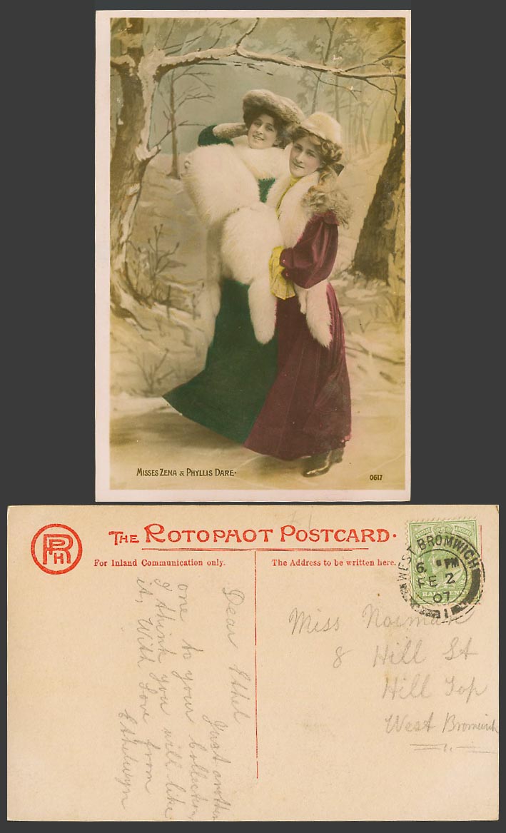 Actresses Miss Zena & Phyllis Dare Muff Hand Warmers 1907 Old Colour RP Postcard