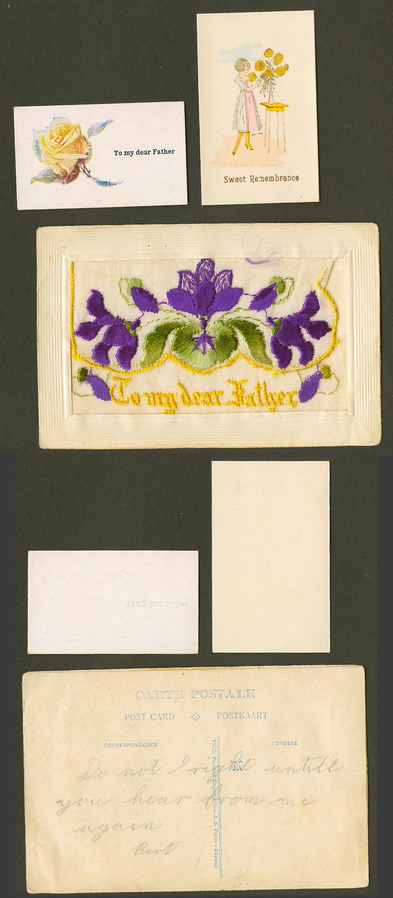 WW1 SILK Embroidered Old Postcard To My Dear Father, Remembrance, 2 Cards Wallet