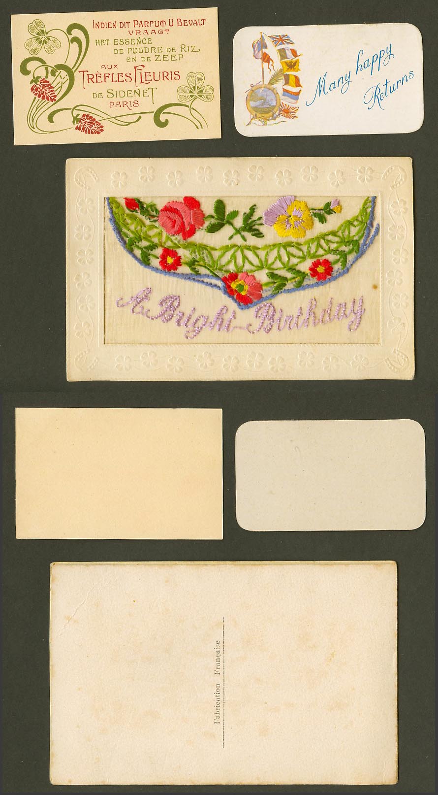 WW1 SILK Embroidered Old Postcard A Bright Birthday, Flowers, 2 Cards in Wallet