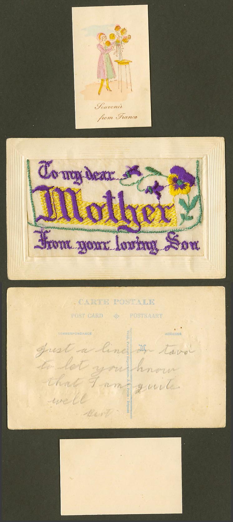 WW1 SILK Embroidered Old Postcard To My Dear Mother From Your Loving Son, France