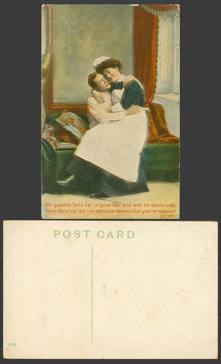 Romance Humour, Great to hold her in your lap, wait for doc to call Old Postcard