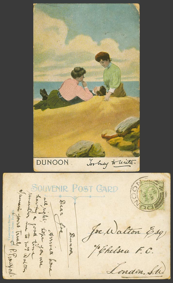 DUNOON Too Busy to Write Romance on Beach Women and Man 1908 Old Colour Postcard