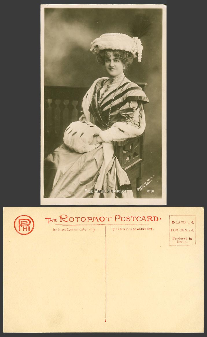 Actress Miss MARIE STUDHOLME with Hat & Muff Hand Warmer Old Real Photo Postcard