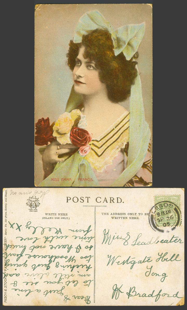 Actress Miss Emma Francis, Glamour Woman Lady with Flowers Old Colour Postcard