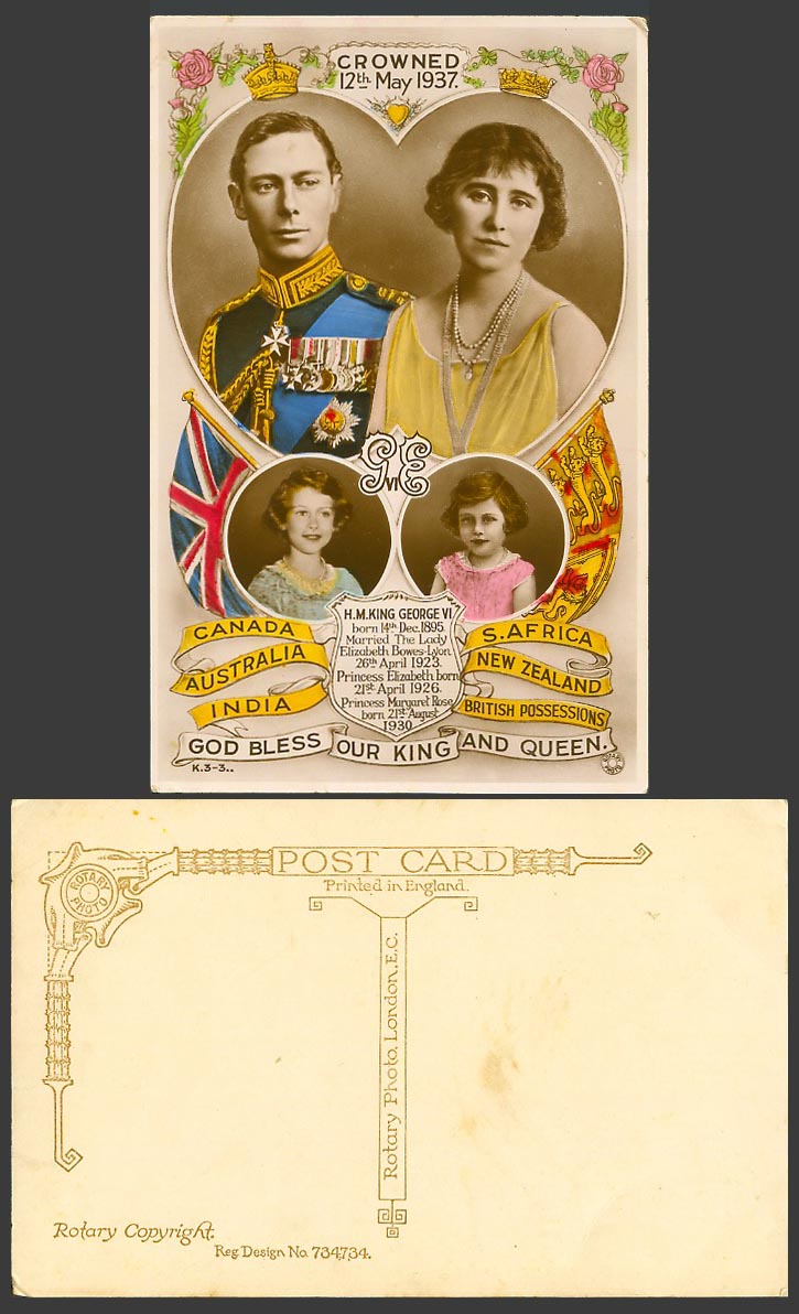 God Bless Our King George 6th and Queen Crowned 12th May 1937 Old Postcard Girls