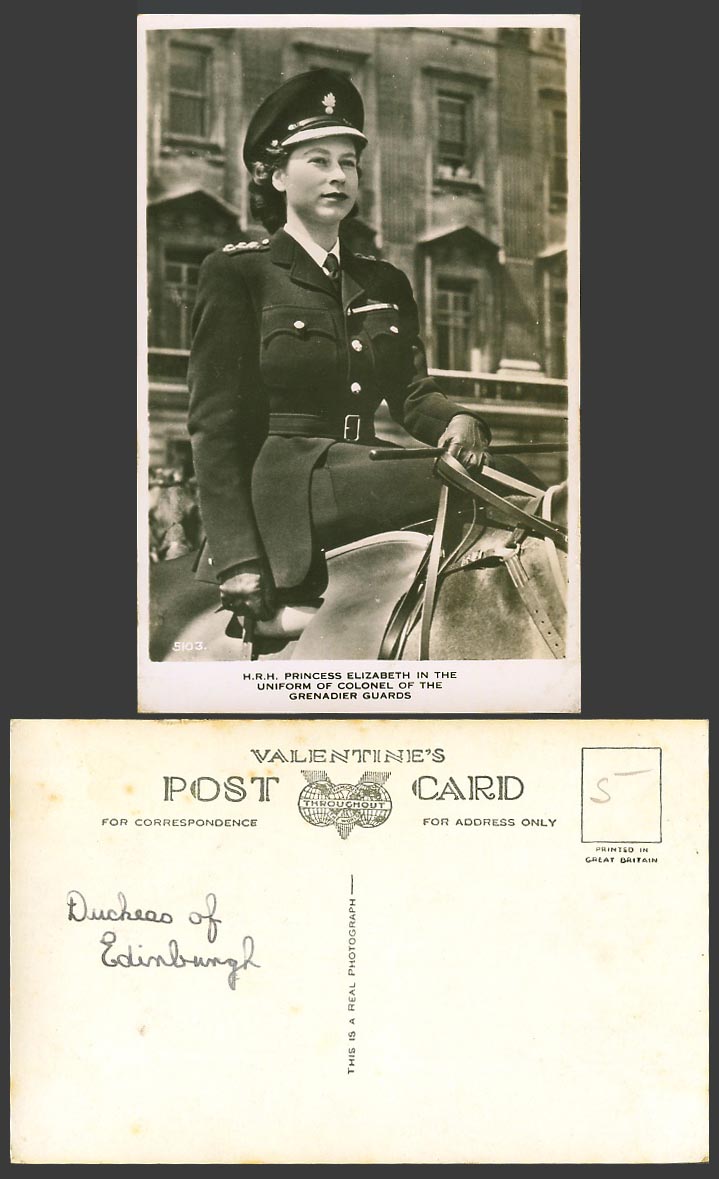 H.R.H. Princess Elizabeth, in Uniform of Colonel of Grenadier Guard Old Postcard