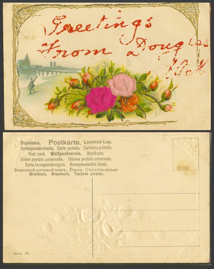 Isle of Man Old Embossed Postcard Greetings from Douglas, Bridge, River, Flowers