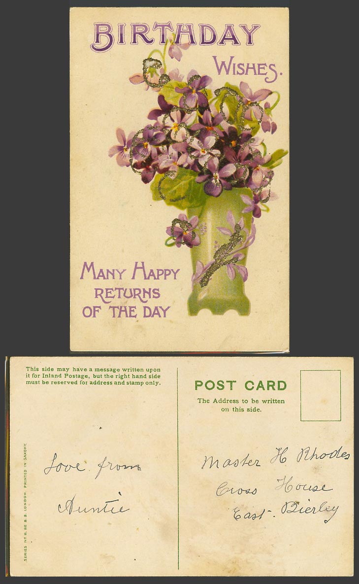 Birthday Wishes Many Happy Returns, Flowers, Novelty with Glitters Old Postcard