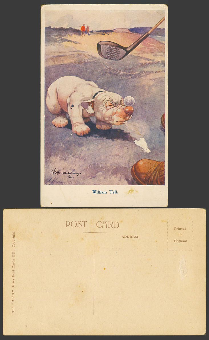 BONZO DOG GE Studdy 1920 Old Postcard William Tell GOLF BALL Golfer Golfing 1021