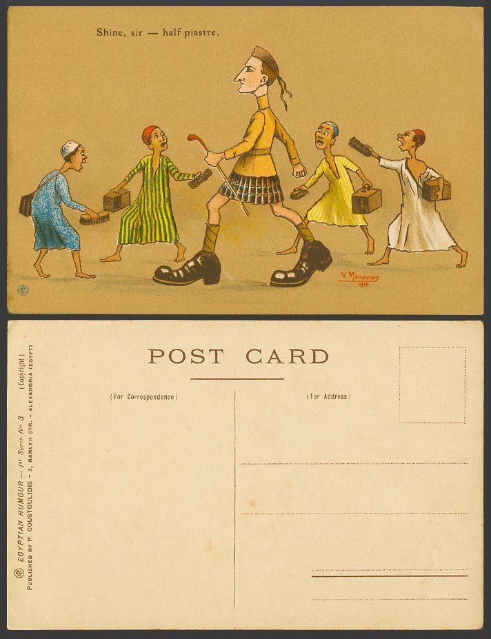 Egypt Shoe Shine Sir half Piastre Artist Signed by V. Manavian 1916 Old Postcard