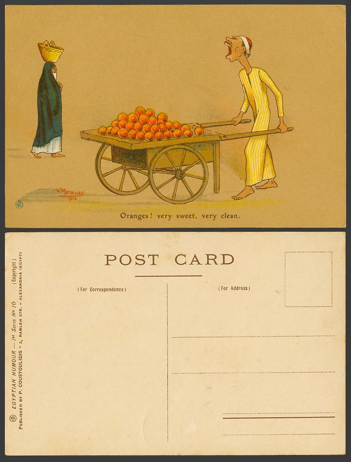 Egypt Woman & Seller Oranges Very Sweet Very Clean V. Manavian 1916 Old Postcard