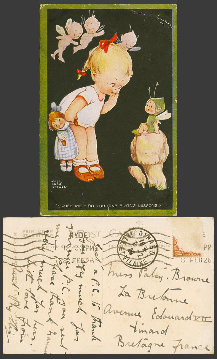 MABEL LUCIE ATTWELL 1926 Old Postcard Doll Fairies Do You Give Flying Lesson 655