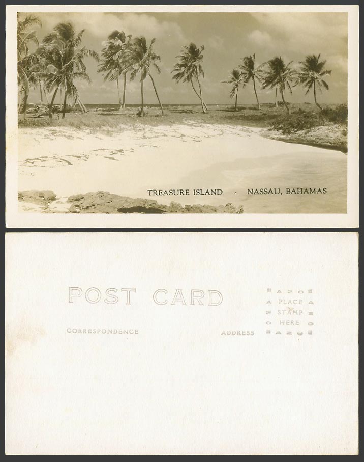 Bahamas Nassau, Treasure Island, Beach Sands, Palm Trees Old Real Photo Postcard