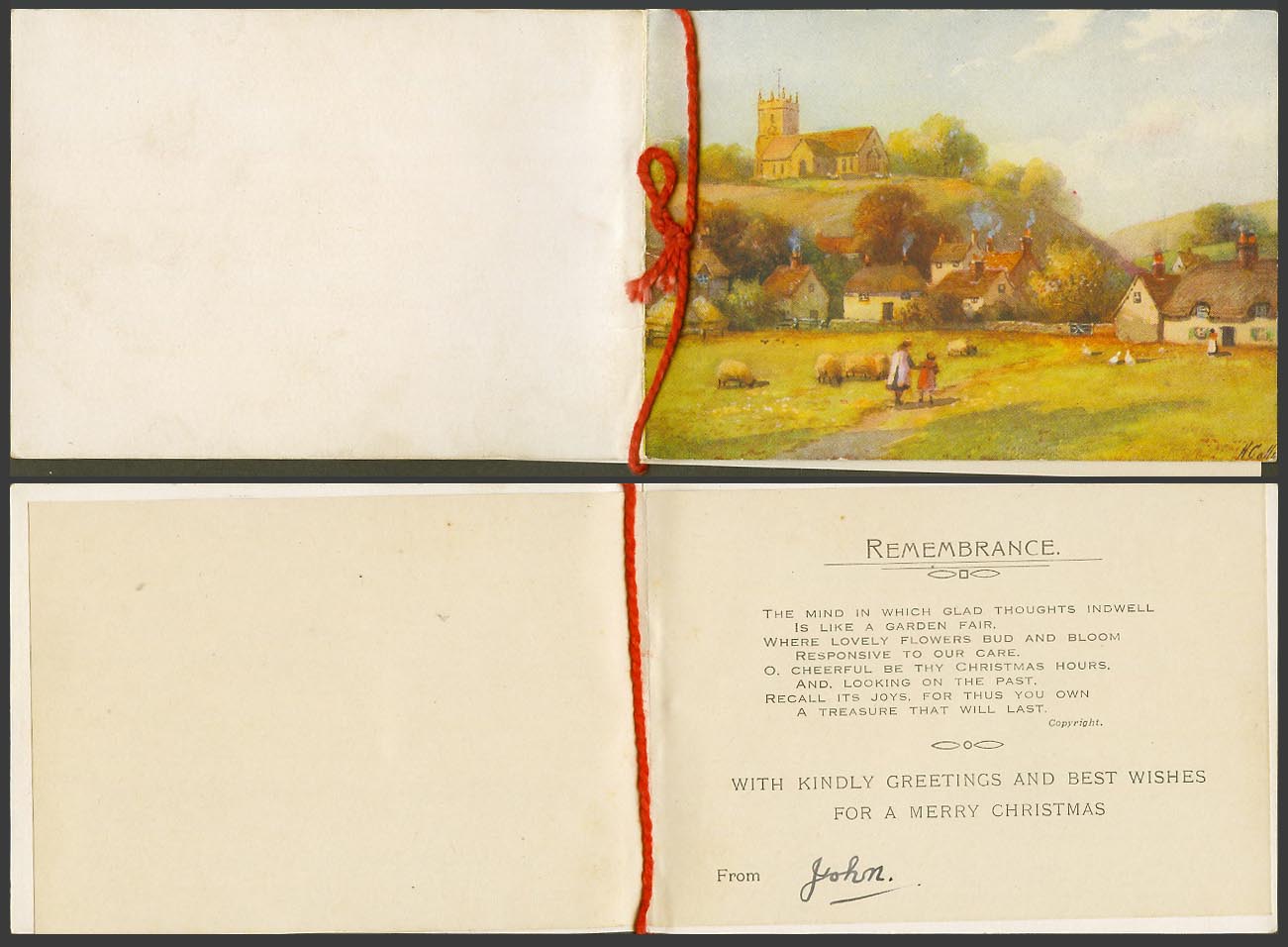 H. Calle Artist Signed, SHEEP Church Cottages Xmas Old Greeting Card Remembrance